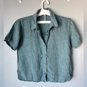 Eileen Fisher teal blue 100% linen boxy short sleeve button down top sz S